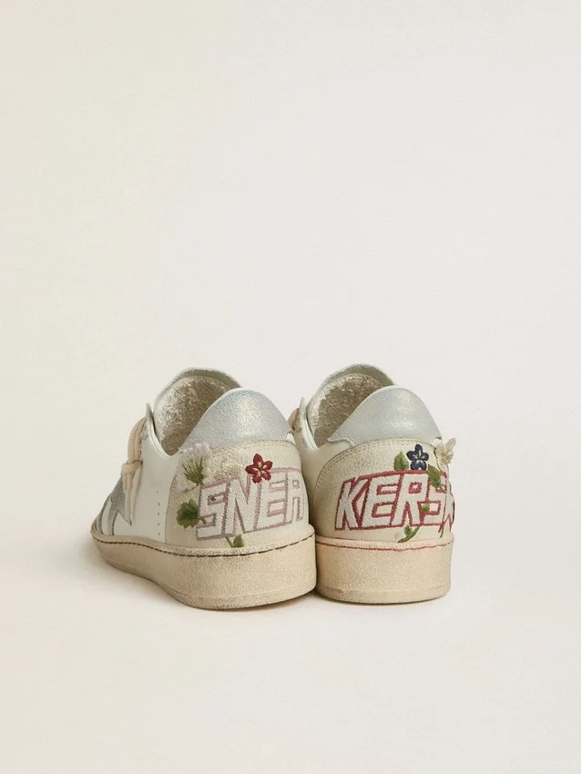 Ball Star da donna in pelle con stella in pelle scamosciata platino e ricami floreali multicolori