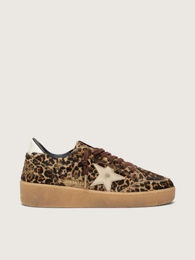 Ball Star da donna in pelle di pony con stampa leopardata, stella in pelle platino e linguetta sul tallone in pelle bianca