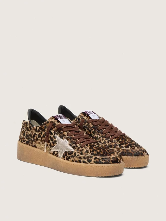 Ball Star da donna in pelle di pony con stampa leopardata, stella in pelle platino e linguetta sul tallone in pelle bianca