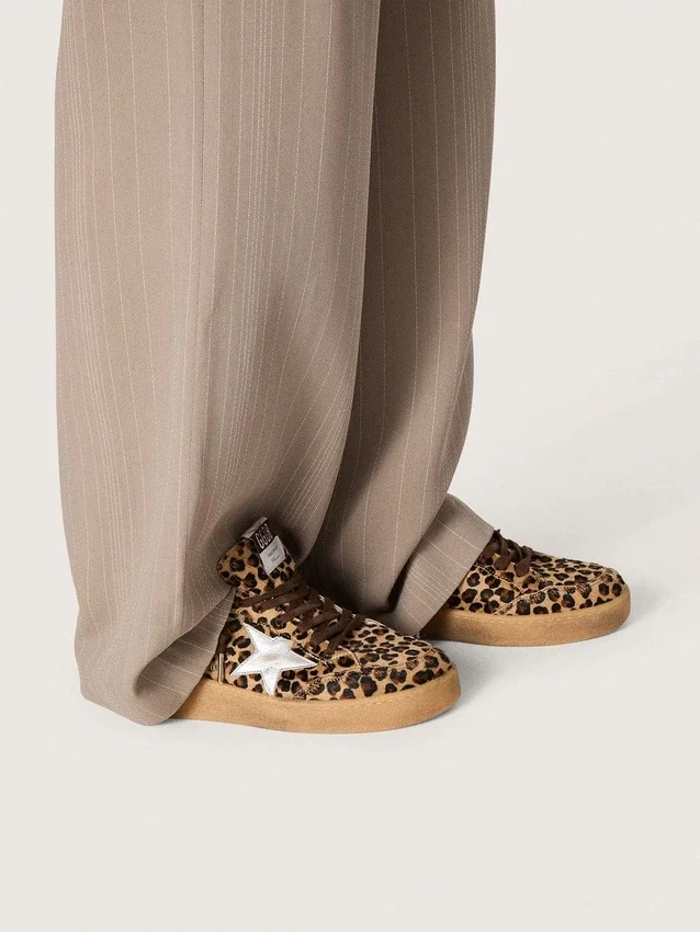 Ball Star da donna in pelle di pony con stampa leopardata, stella in pelle platino e linguetta sul tallone in pelle bianca