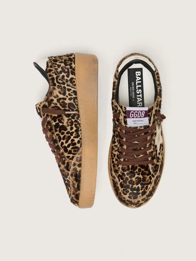 Ball Star da donna in pelle di pony con stampa leopardata, stella in pelle platino e linguetta sul tallone in pelle bianca