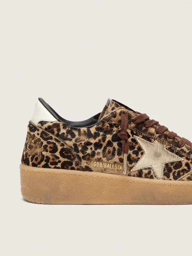 Ball Star da donna in pelle di pony con stampa leopardata, stella in pelle platino e linguetta sul tallone in pelle bianca