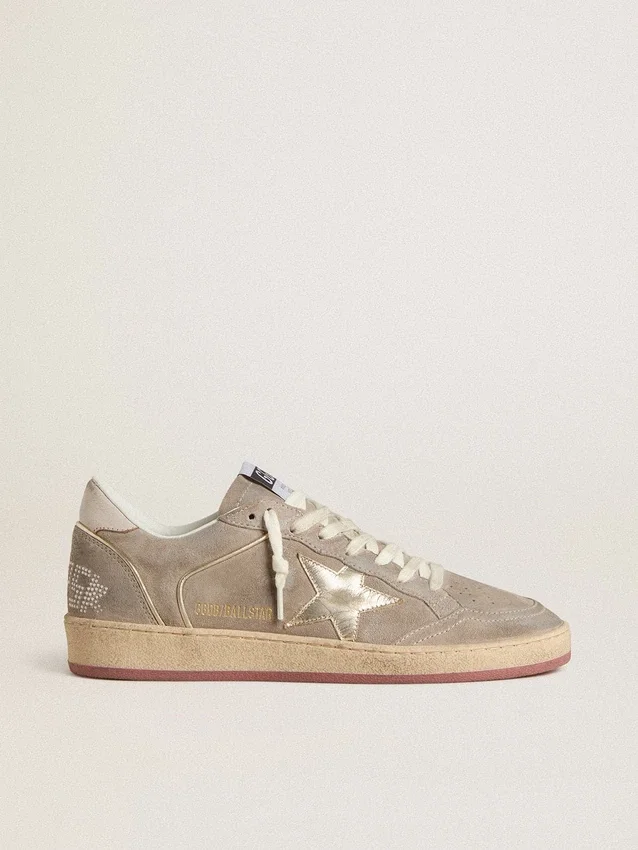 Ball Star da donna in pelle scamosciata beige con stella in pelle metallizzata dorata e scritte in perline