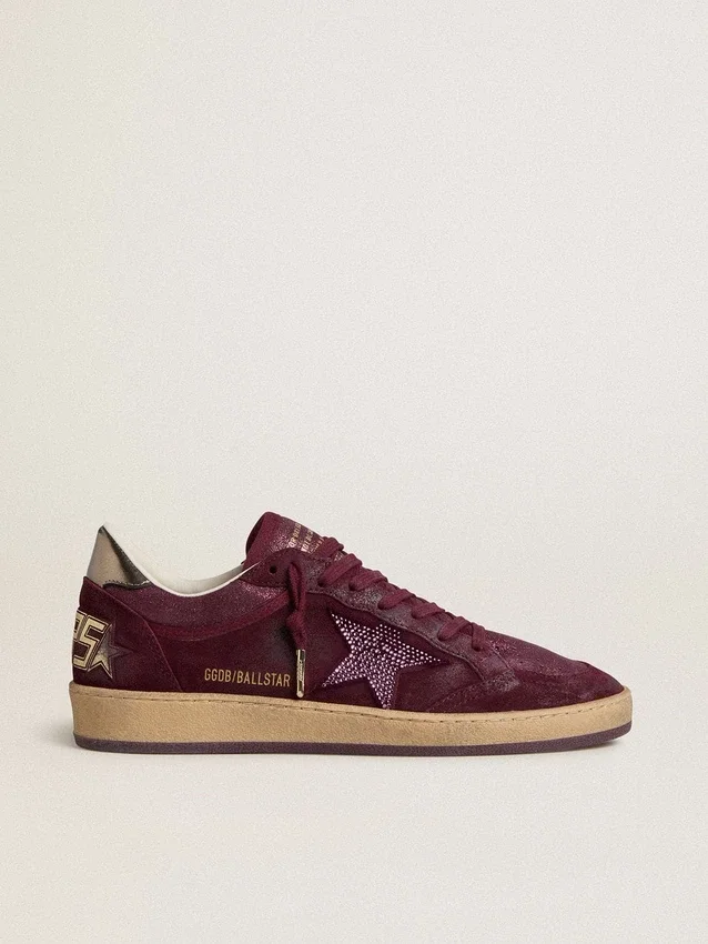 Ball Star da donna in pelle scamosciata bordeaux con stella in cristallo e linguetta sul tallone in pelle metallizzata