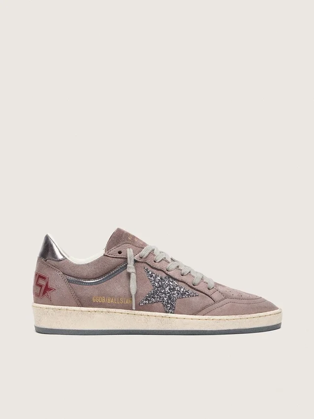 Ball Star da donna in pelle scamosciata color lavanda con stella glitterata argento e linguetta sul tallone in pelle laminata