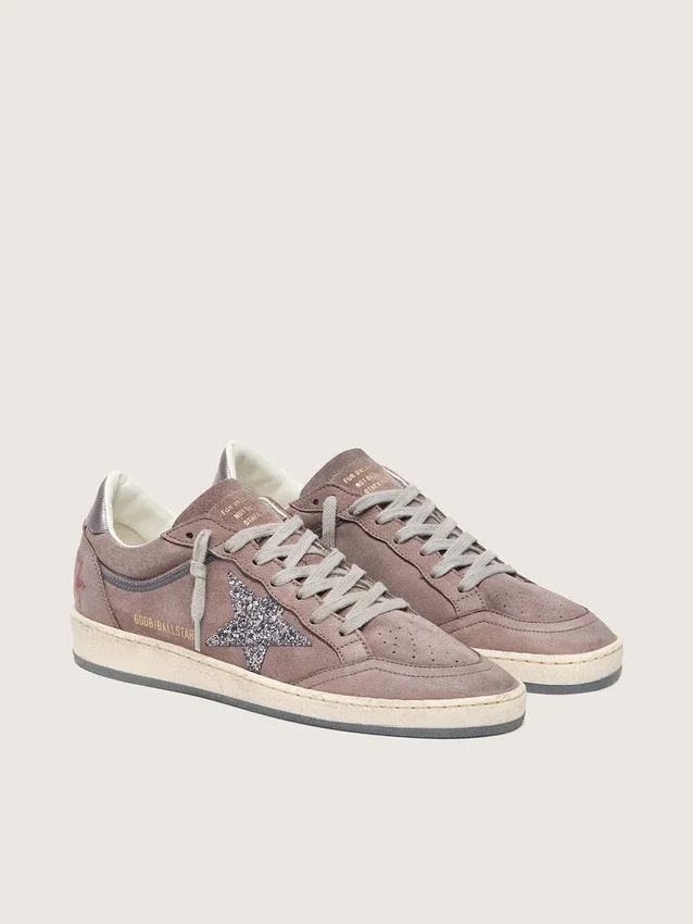Ball Star da donna in pelle scamosciata color lavanda con stella glitterata argento e linguetta sul tallone in pelle laminata