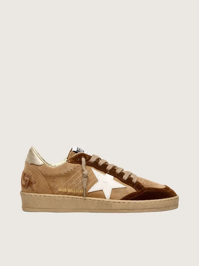 Ball Star da donna in pelle scamosciata color tabacco con stella in pelle bianca e inserti in velluto color cognac