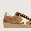 Ball Star da donna in pelle scamosciata color tabacco con stella in pelle bianca e inserti in velluto color cognac