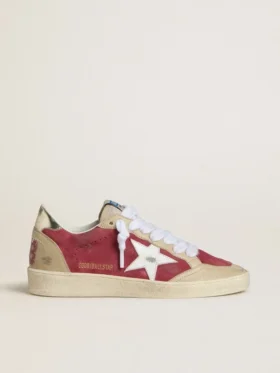 Ball Star da donna in pelle scamosciata rossa con stella in pelle scamosciata bianca effetto craquelé e linguetta sul tallone in pelle platino