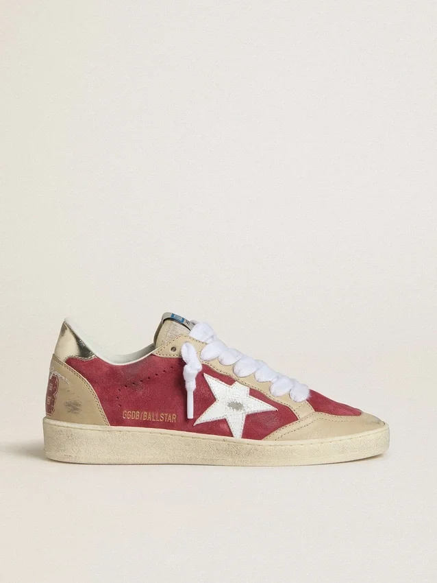 Ball Star da donna in pelle scamosciata rossa con stella in pelle scamosciata bianca effetto craquelé e linguetta sul tallone in pelle platino