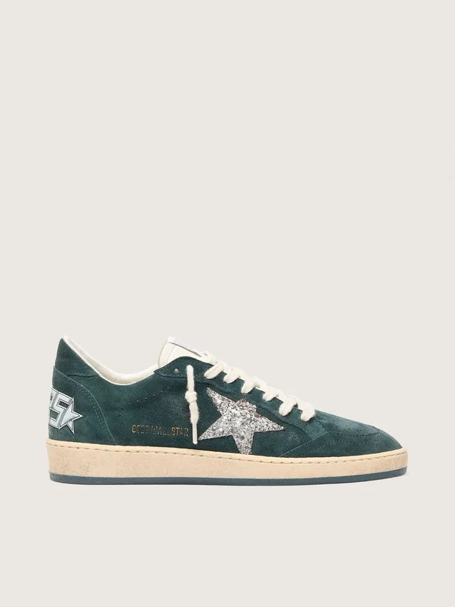 Ball Star da donna in pelle scamosciata verde con stella glitterata argento