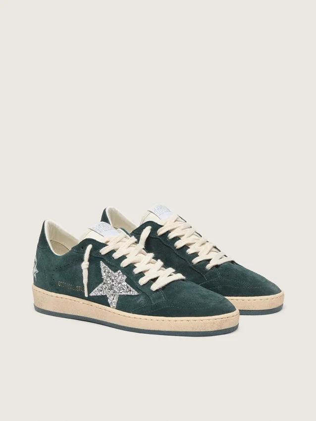Ball Star da donna in pelle scamosciata verde con stella glitterata argento