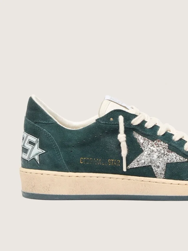 Ball Star da donna in pelle scamosciata verde con stella glitterata argento