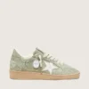 Ball Star da donna in pelle scamosciata verde salvia con stella in pelle bianca e ricamo floreale Swarovski tono su tono