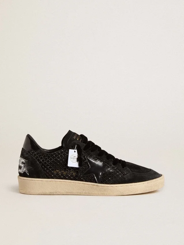 Ball Star da donna in rete con cristalli Swarovski, stella in pelle laminata nera e linguetta sul tallone