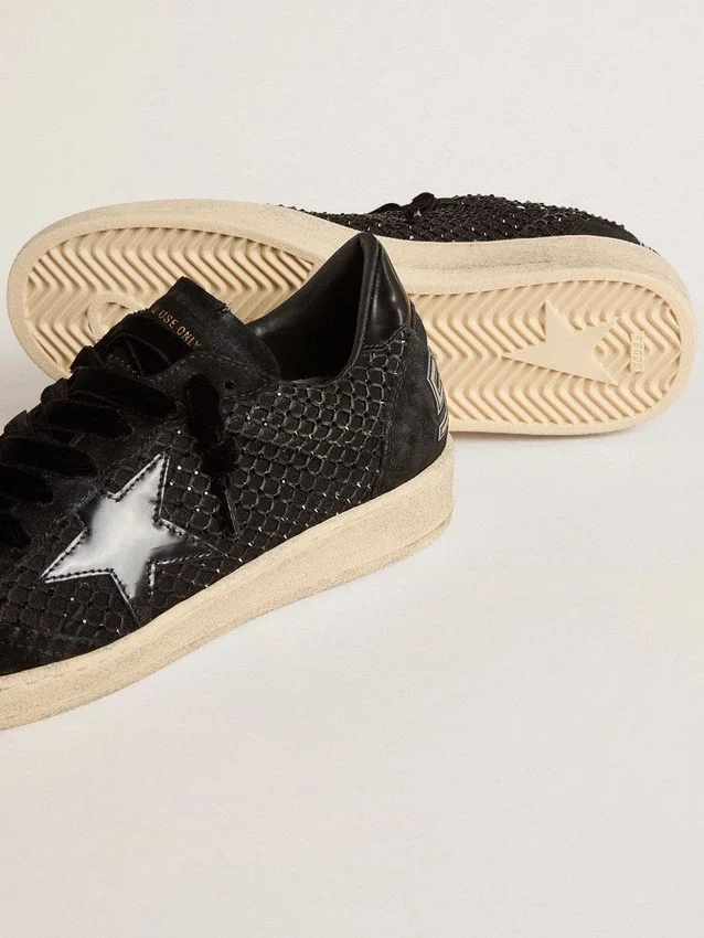 Ball Star da donna in rete con cristalli Swarovski, stella in pelle laminata nera e linguetta sul tallone