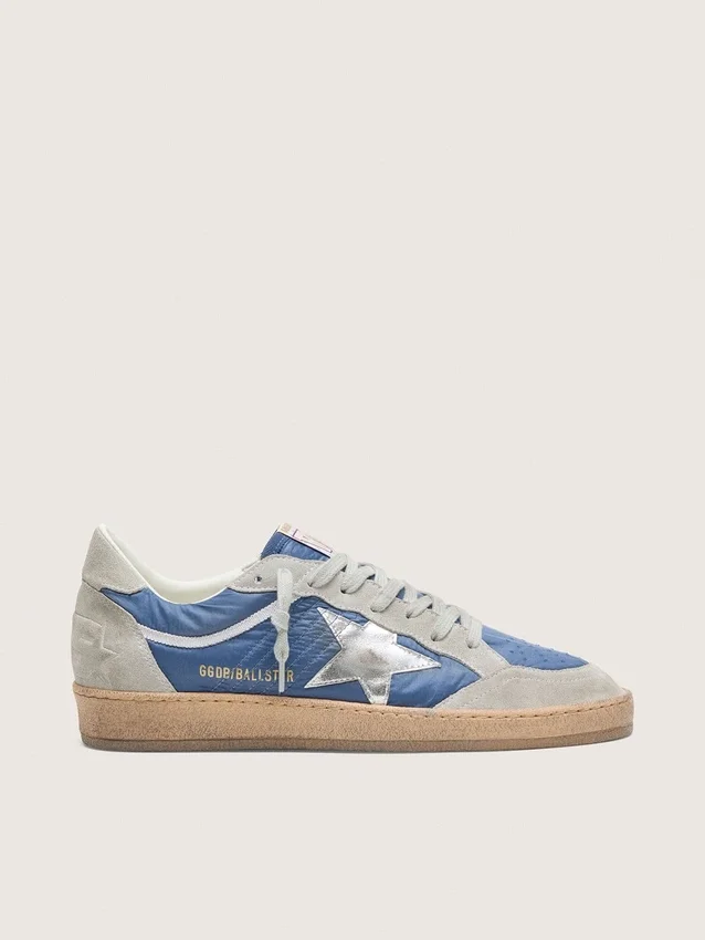 Ball Star da uomo in nylon blu denim con inserti in pelle scamosciata grigio chiaro e stella in pelle argento metallizzato