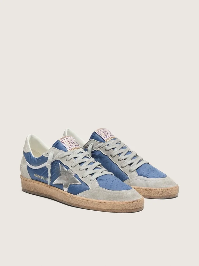 Ball Star da uomo in nylon blu denim con inserti in pelle scamosciata grigio chiaro e stella in pelle argento metallizzato