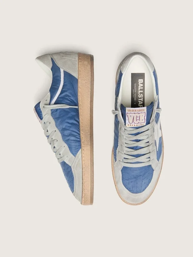 Ball Star da uomo in nylon blu denim con inserti in pelle scamosciata grigio chiaro e stella in pelle argento metallizzato