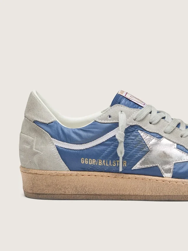 Ball Star da uomo in nylon blu denim con inserti in pelle scamosciata grigio chiaro e stella in pelle argento metallizzato