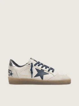 Ball Star da uomo in pelle bianca con stella in pelle blu scuro e linguetta sul tallone in pelle laminata argento
