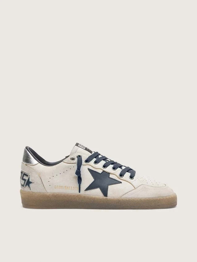 Ball Star da uomo in pelle bianca con stella in pelle blu scuro e linguetta sul tallone in pelle laminata argento