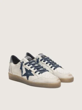 Ball Star da uomo in pelle bianca con stella in pelle blu scuro e linguetta sul tallone in pelle laminata argento