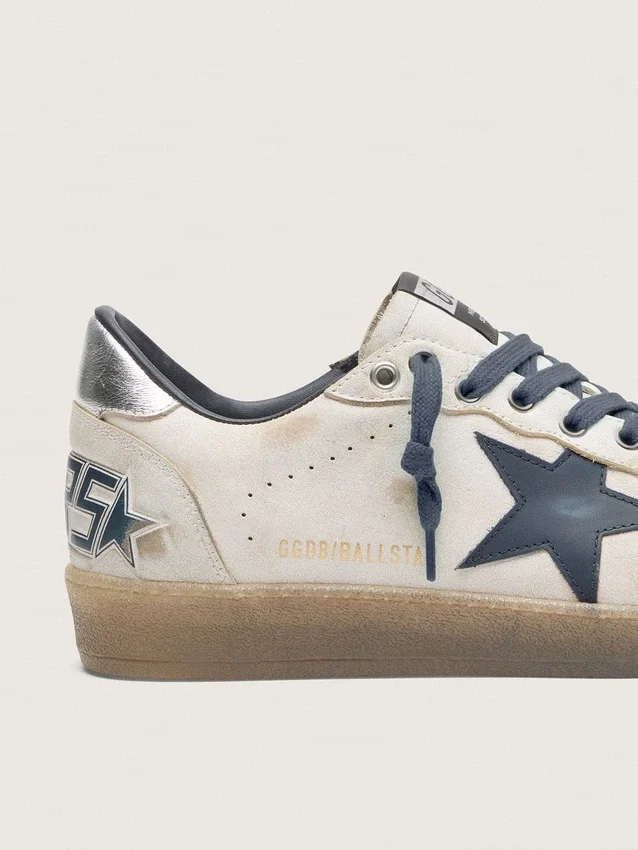 Ball Star da uomo in pelle bianca con stella in pelle blu scuro e linguetta sul tallone in pelle laminata argento