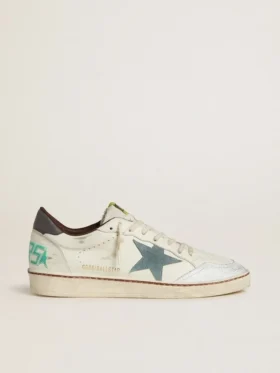 Ball Star da uomo in pelle bianca con stella in pelle scamosciata azzurra e linguetta sul tallone in nabuk marrone