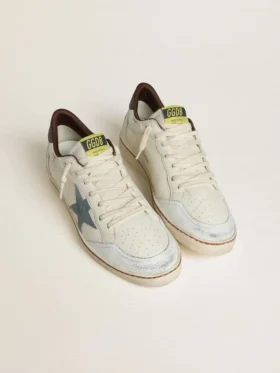 Ball Star da uomo in pelle bianca con stella in pelle scamosciata azzurra e linguetta sul tallone in nabuk marrone