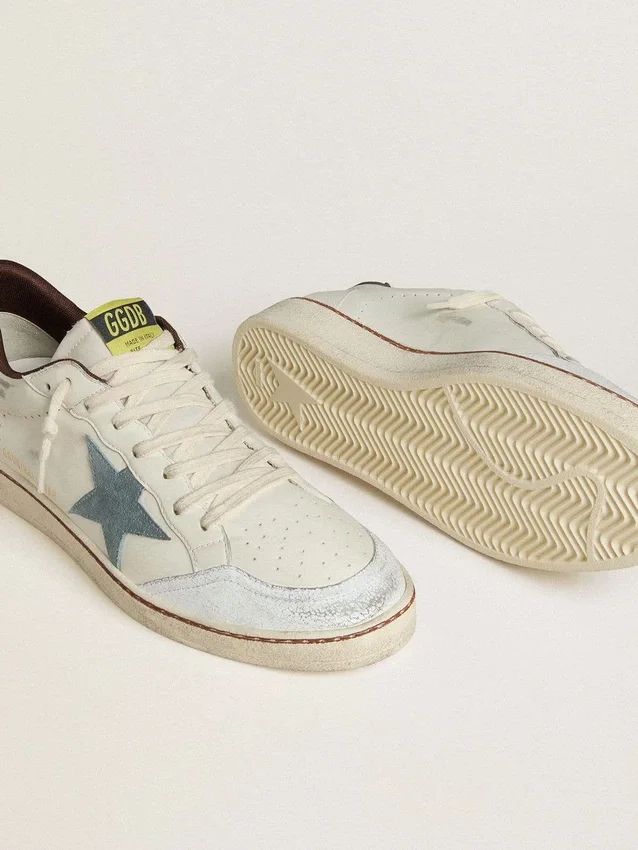 Ball Star da uomo in pelle bianca con stella in pelle scamosciata azzurra e linguetta sul tallone in nabuk marrone