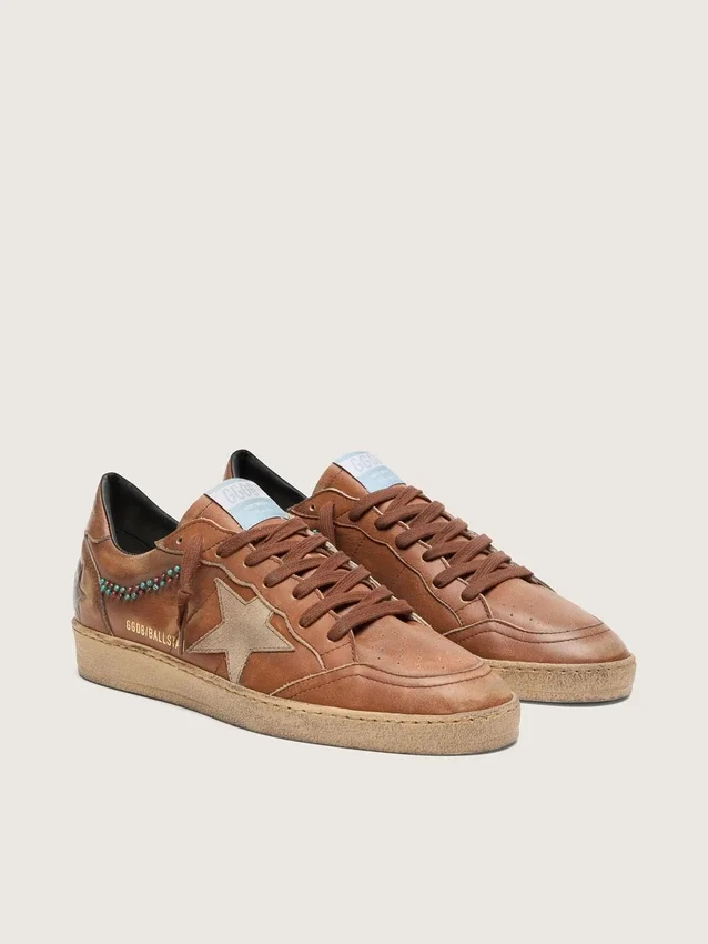 Ball Star da uomo in pelle marrone con stella in pelle scamosciata beige e perline