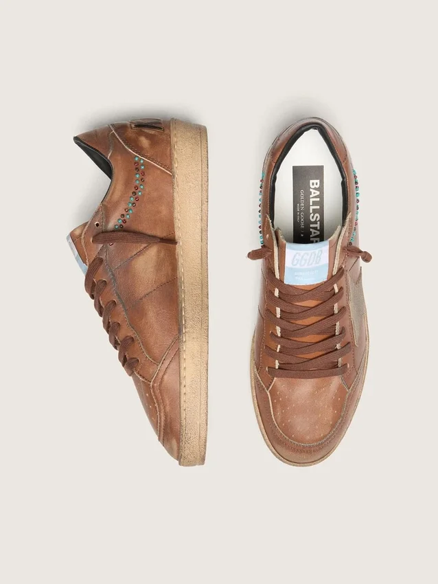 Ball Star da uomo in pelle marrone con stella in pelle scamosciata beige e perline