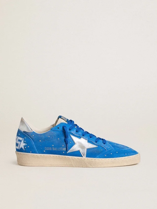 Ball Star da uomo in pelle scamosciata azzurra con borchie e stella in pelle metallizzata argento