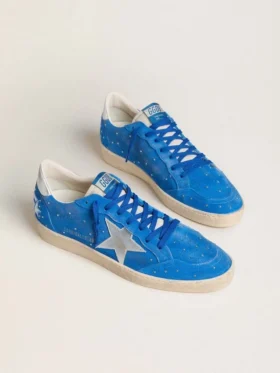 Ball Star da uomo in pelle scamosciata azzurra con borchie e stella in pelle metallizzata argento