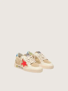 Ball Star Junior in pelle scamosciata beige con stella rossa e linguetta sul tallone azzurra
