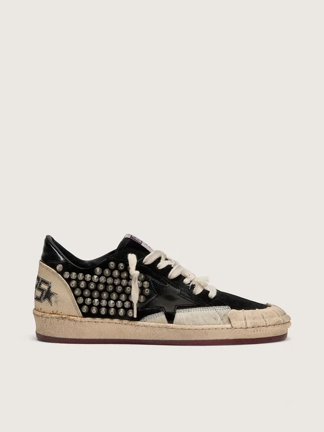 Ball Star LAB da donna in pelle scamosciata nera con borchie e stella in pelle nera lucida