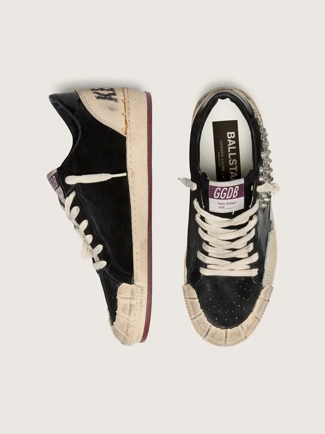 Ball Star LAB da donna in pelle scamosciata nera con borchie e stella in pelle nera lucida