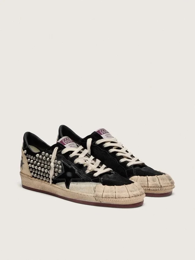 Ball Star LAB da uomo in pelle scamosciata nera con borchie e stella in pelle nera lucida