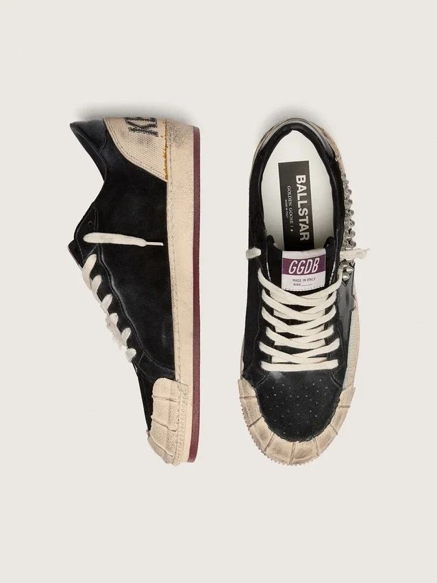 Ball Star LAB da uomo in pelle scamosciata nera con borchie e stella in pelle nera lucida