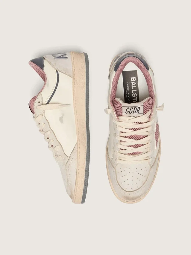 Ball Star LTD da donna in pelle beige con stella in rete rosa e linguetta sul tallone in pelle blu