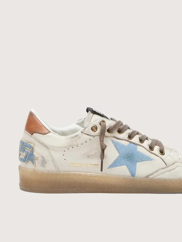 Ball Star LTD da donna in pelle bianca con stella ricamata azzurra