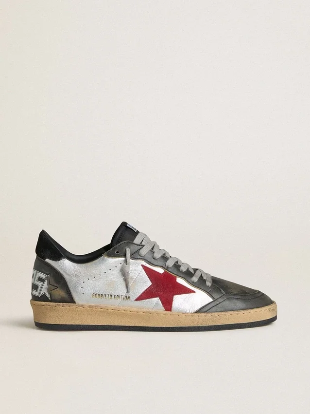 Ball Star LTD da uomo in pelle laminata argento con stella in pelle scamosciata rossa e inserti neri