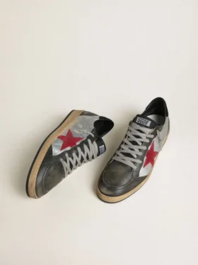 Ball Star LTD da uomo in pelle laminata argento con stella in pelle scamosciata rossa e inserti neri