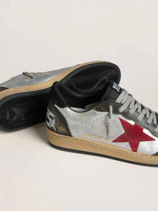 Ball Star LTD da uomo in pelle laminata argento con stella in pelle scamosciata rossa e inserti neri