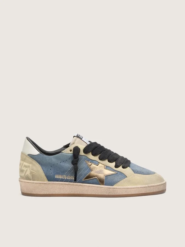 Ball Star LTD da uomo in pelle scamosciata blu denim con stella in pelle dorata metallizzata