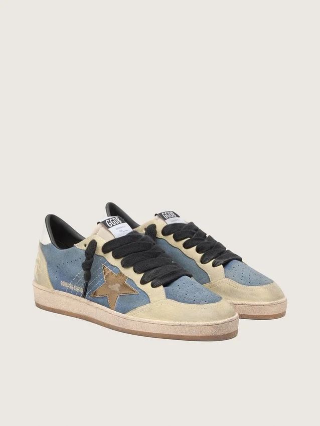 Ball Star LTD da uomo in pelle scamosciata blu denim con stella in pelle dorata metallizzata