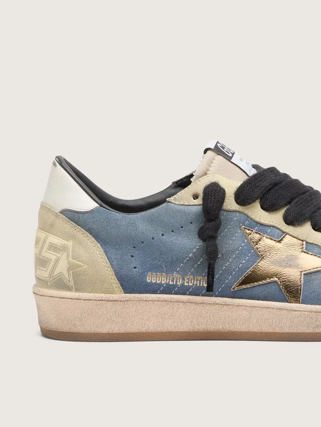 Ball Star LTD da uomo in pelle scamosciata blu denim con stella in pelle dorata metallizzata