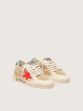 Ball Star Young in pelle scamosciata beige con stella rossa e linguetta sul tallone azzurra