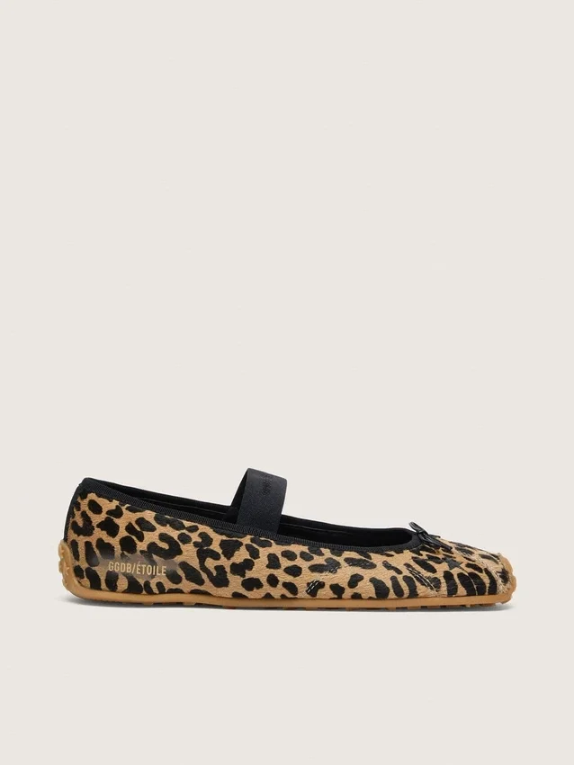 Ballerine Étoile in pelle di pony con stampa leopardata, stella ricamata nera e cinturino elastico